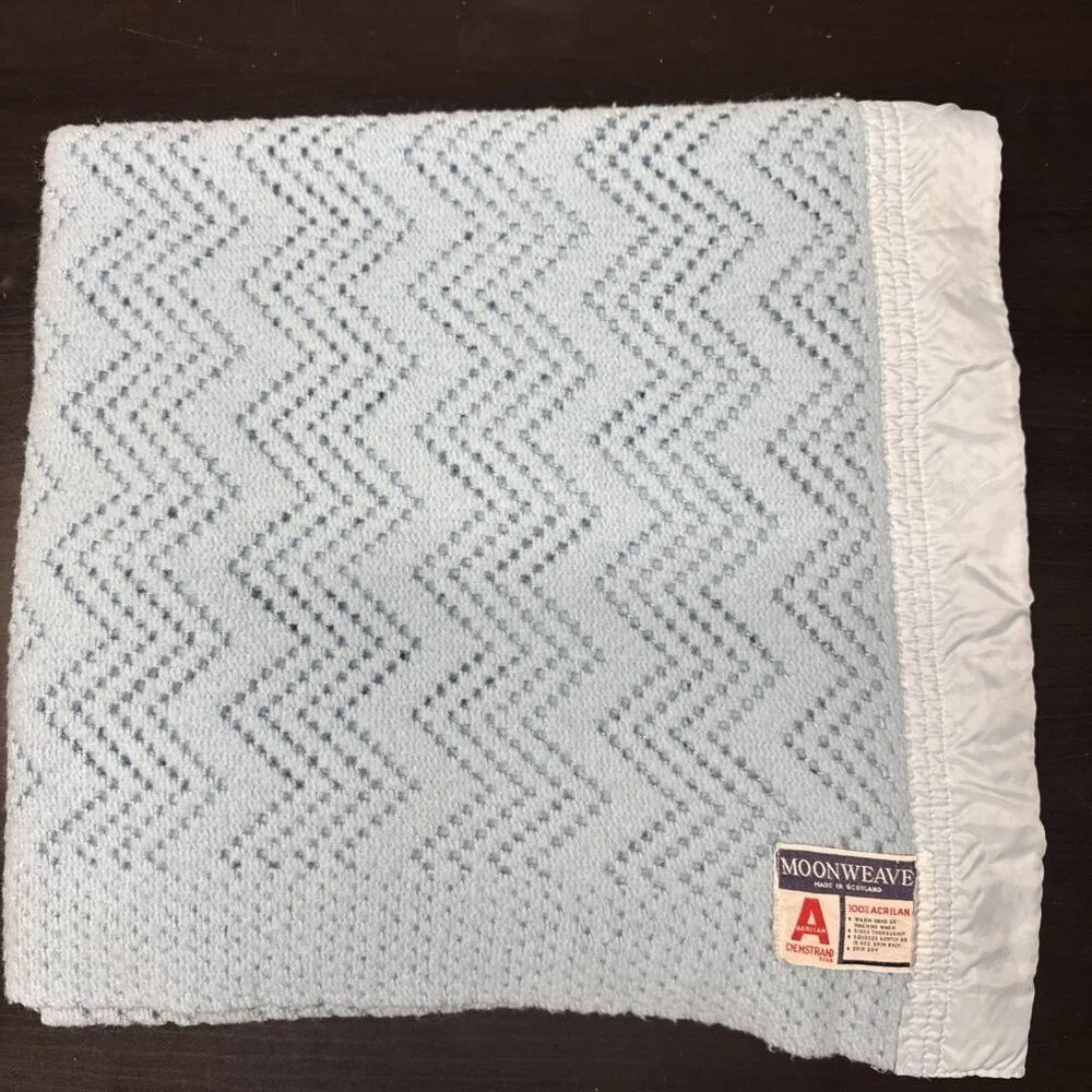 Vintage Moonweave Scotland Blue Cellular Blue Blanket Satin Trim‎  Acrylic 70x88